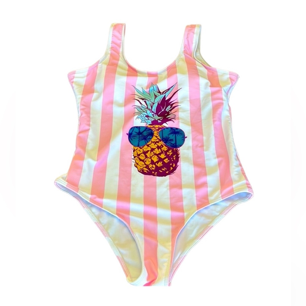 Iffei NWT Pink and White Striped Pineapple One Piece Size Medium Swim Suit